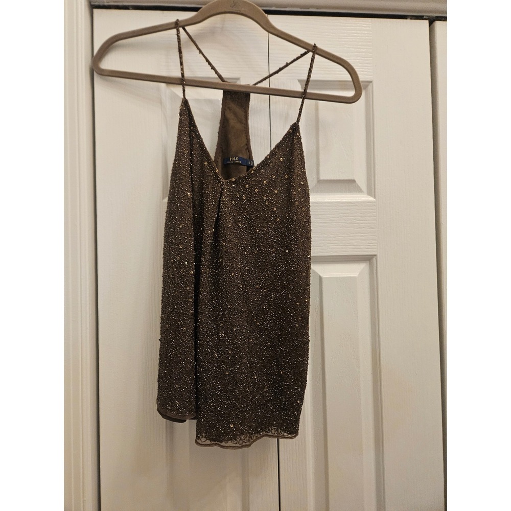 Polo Ralph Lauren Brown Beaded Sequin Camisole Racerback Tank Top Womens Small